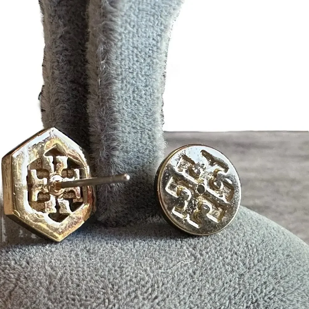 Tory Burch - Gold Hex-Logo Stud Earrings, NWT - Picture 7 of 8